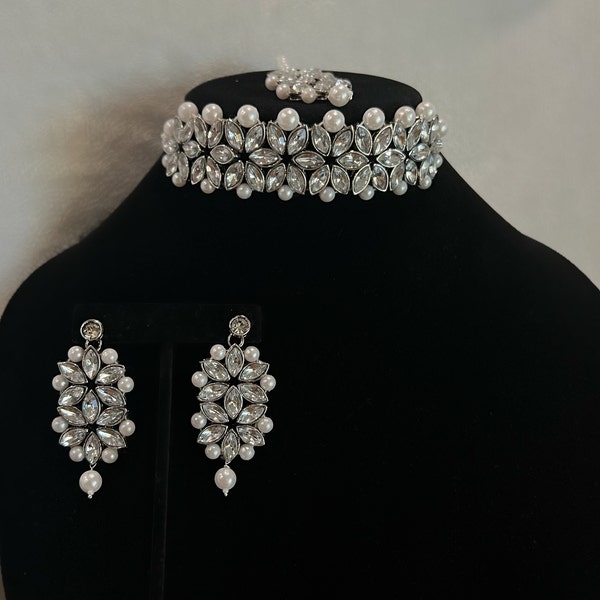 Jewelry 3 piece cz and pearl choker necklace, Indian Pakistani jewelry wedding Jewelry