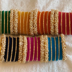 Velvet glass Indian Bangles, churiyan with pearl kada, Indian Pakistani wedding bangles 2.6 size