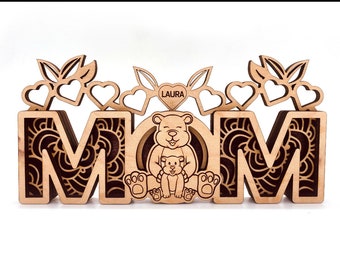 Bear MOM - Personalized Wooden Mothers Day Gift - Mom - Layered Wood - Bear and Cub