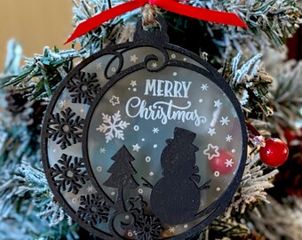 Snowman Acrylic and Wood Ornament - Holiday Keepsake - Wood and Acrylic Layered Gift