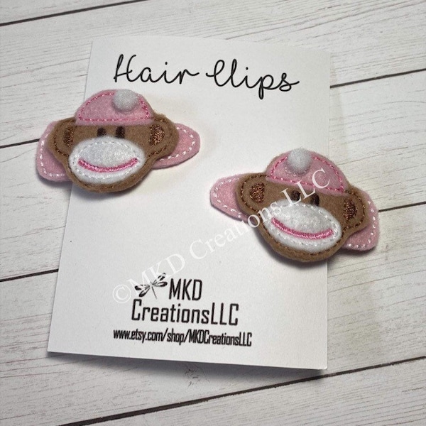 Monkey wearing a pink hat Sock monkey Felt hair clips Girl hair accessory | Back to School hair clips |