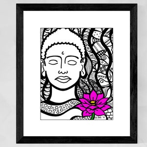 May include: Black and white line art drawing of a Buddha with a pink lotus flower. The background is filled with intricate patterns.