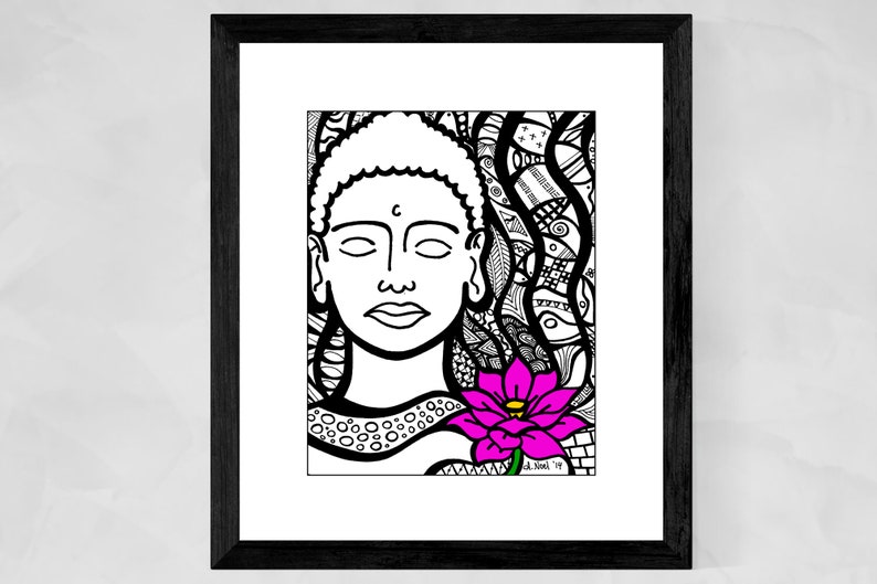May include: Black and white line art drawing of a Buddha with a pink lotus flower. The background is filled with intricate patterns.