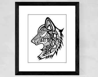 Spirit Animal Art, Wolf artwork, Animal art print, black and white animal art print, Wolf line art, Spiritual art, Christmas gifts