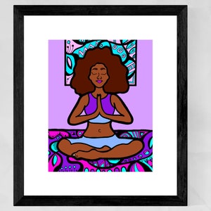 May include: A digital illustration of a woman meditating in a lotus pose. She has brown skin, dark brown hair, and is wearing a purple top and blue pants. The background is a purple and pink mandala pattern.