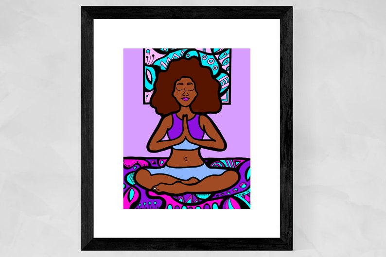 May include: A digital illustration of a woman meditating in a lotus pose. She has brown skin, dark brown hair, and is wearing a purple top and blue pants. The background is a purple and pink mandala pattern.