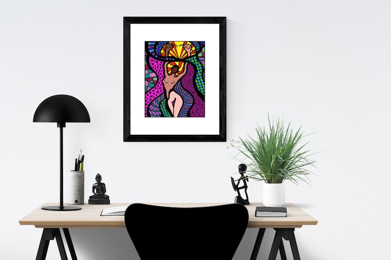 May include: A framed print of a colorful abstract illustration of a person with a bright yellow sun above their head. The illustration is in a black frame and is hanging on a white wall.