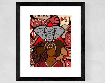 May include: A digital illustration of three women with brown skin and red, brown, and black hair. The women are standing in front of a red triangle with a gray elephant head inside. The background is filled with geometric shapes in red, brown, and beige.