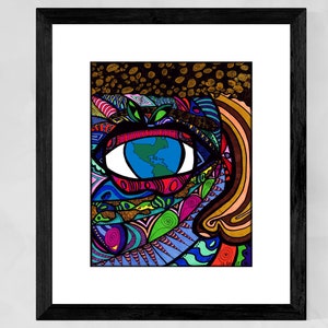 May include: A colorful abstract illustration of an eye with a globe inside the iris. The eye is surrounded by intricate patterns and swirls in shades of blue, green, red, yellow, and brown.
