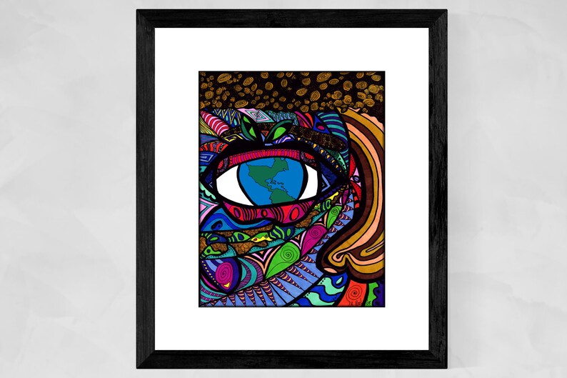 May include: A colorful abstract illustration of an eye with a globe inside the iris. The eye is surrounded by intricate patterns and swirls in shades of blue, green, red, yellow, and brown.