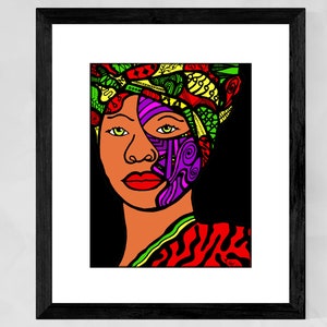Black queen portrait, African American women wall art, Hip Hop music art prints, African Woman with head wrap, Black artists, Christmas gift
