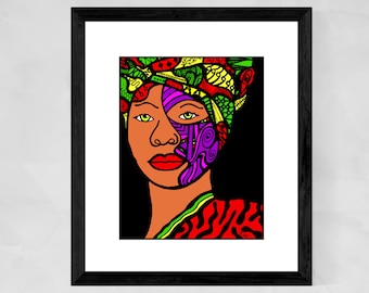 Black queen portrait, African American women wall art, Hip Hop music art prints, African Woman with head wrap, Black artists, Christmas gift