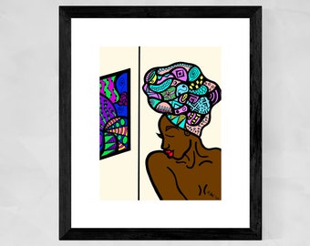 Black woman portrait, Head wrap art, African American art prints, African woman art print, Christmas gift for mom, Afrocentric art