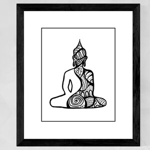 May include: A black and white line drawing of a meditating Buddha, with intricate patterns and designs within the figure.