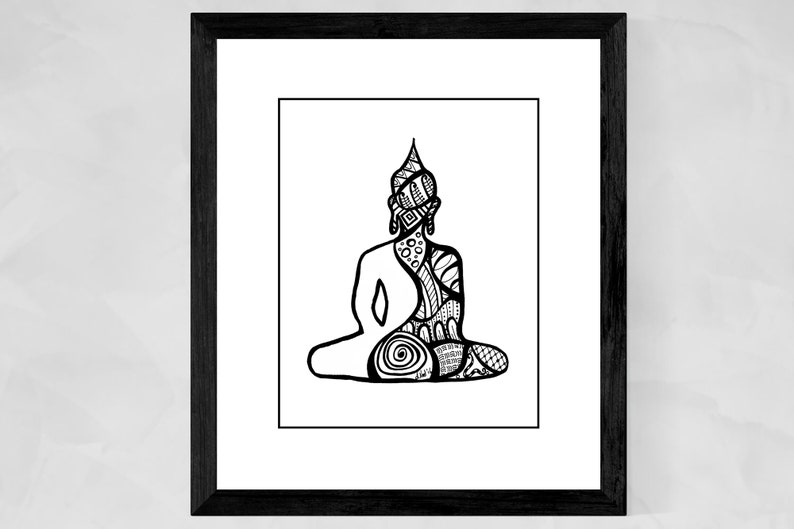 May include: A black and white line drawing of a meditating Buddha, with intricate patterns and designs within the figure.