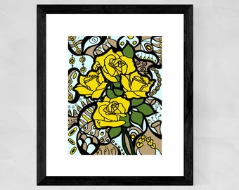 Rose Art Print, Rose Artwork, Gele Rozen Geschenken, Bloem Artwork, Floral Art Print, Yellow Flower Art, Kerstcadeaus voor moeder