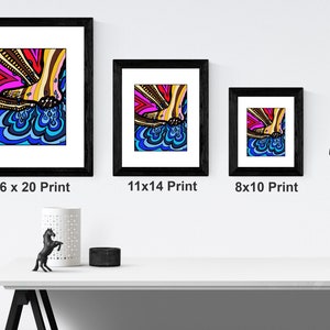 May include: Three framed prints of a colorful abstract illustration of a foot stepping into water. The prints are shown in three different sizes: 16x20, 11x14, and 8x10 inches.
