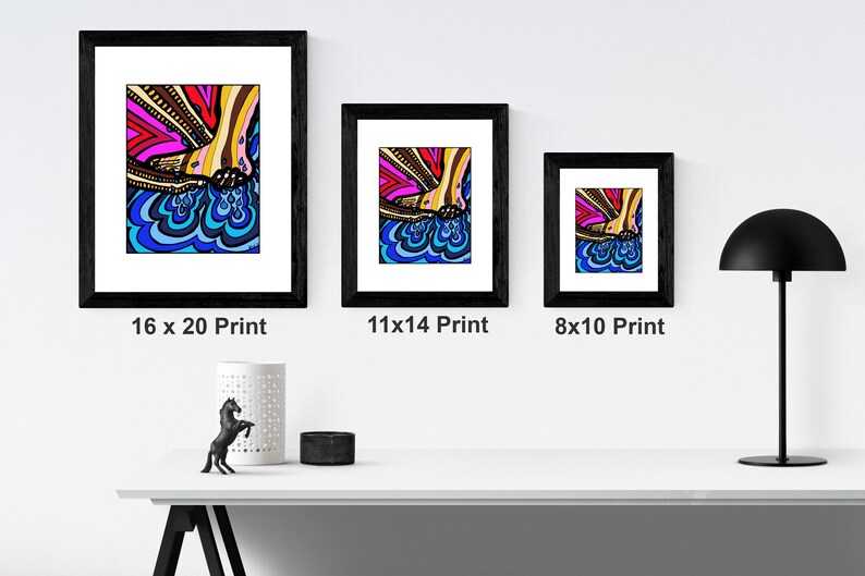 May include: Three framed prints of a colorful abstract illustration of a foot stepping into water. The prints are shown in three different sizes: 16x20, 11x14, and 8x10 inches.