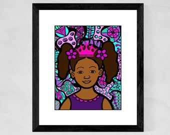 African girl art, Little black girl wall art, Girl nursery decor, Black Princess baby shower, Christmas gifts for black girls, Black artists