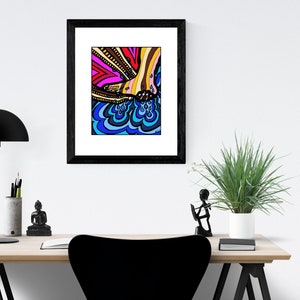 May include: A framed illustration of a colorful abstract design with a pair of feet dipping into a blue and white wavy pattern.