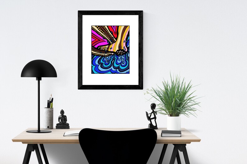 May include: A framed illustration of a colorful abstract design with a pair of feet dipping into a blue and white wavy pattern.