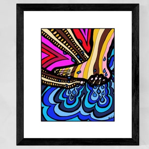 May include: Abstract art print featuring two feet stepping into a pool of blue water. The feet are striped with brown, yellow, and pink. The water is depicted with blue, black, and white swirls. The background is a mix of pink, red, yellow, and brown.
