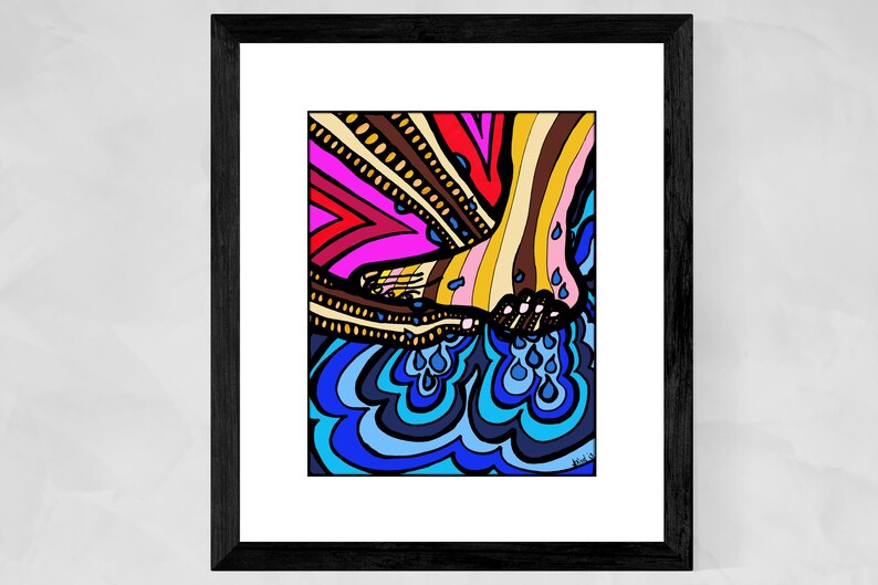 May include: Abstract art print featuring two feet stepping into a pool of blue water. The feet are striped with brown, yellow, and pink. The water is depicted with blue, black, and white swirls. The background is a mix of pink, red, yellow, and brown.