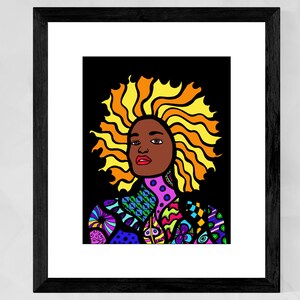 May include: A colorful digital illustration of a person with a large, bright yellow and orange afro. The person has dark skin and is wearing a patterned shirt with a variety of colors and shapes.