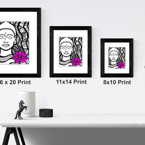 May include: Three black framed prints of a line drawing of a Buddha with a pink lotus flower. The prints are in different sizes: 16x20, 11x14, and 8x10 inches.