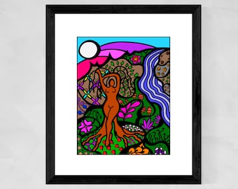 Arte murale della Dea Madre Terra, Donna nera nella natura, Stampa della Dea della Luna, Arte amante della natura, Consapevolezza, Regali di Natale per donne nere