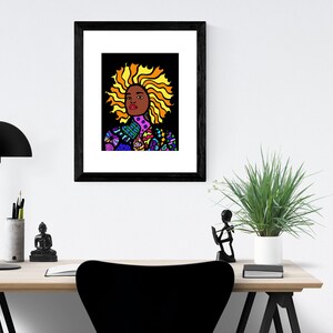 May include: A framed illustration of a person with a colorful patterned shirt and a large, bright yellow afro. The background is black.