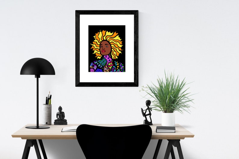 May include: A framed illustration of a person with a colorful patterned shirt and a large, bright yellow afro. The background is black.