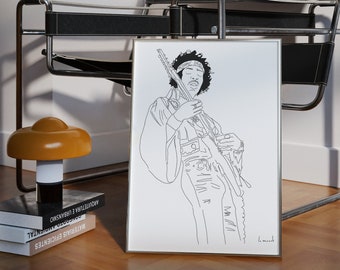 Impression d'art Jimi Hendrix, portrait, dessin au trait minimaliste, art moderne, illustration originale, art mural noir et blanc