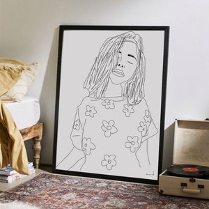 Girl, Flowers, Printable Line Drawing, Print Poster, Minimalist Art, Minimal Fine Decor