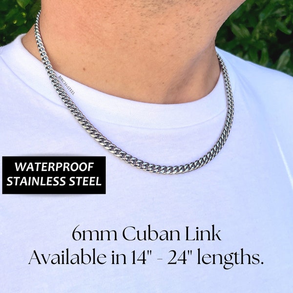 6 mm Cuban Link Chain for Guys, Thin Stainless Steel Chain Necklace Boyfriend Gift, 6mm Waterproof Steel Cuban Chain Choker 14 to 22 Inches