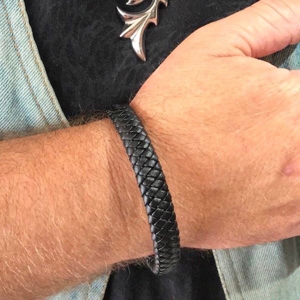 Genuine Braided Leather Bracelet with Stainless Steel, Large Wrist Bracelet, Plus Size Leather Bracelet, Big Man Gifts for Dad,XL Gifts Men