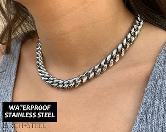 12mm Silver Stainless Steel Cuban Link Necklace: Thick Statement Choker, Waterproof Curb Chain