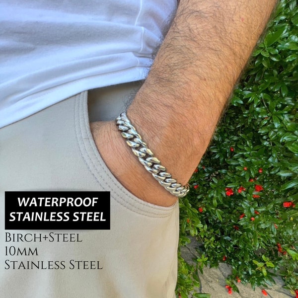 10mm Stainless Steel Cuban Link Chain Bracelet, Stainless Steel Miami Cuban Link Bracelet - 10mm, Waterproof Stainless Chain Bracelet