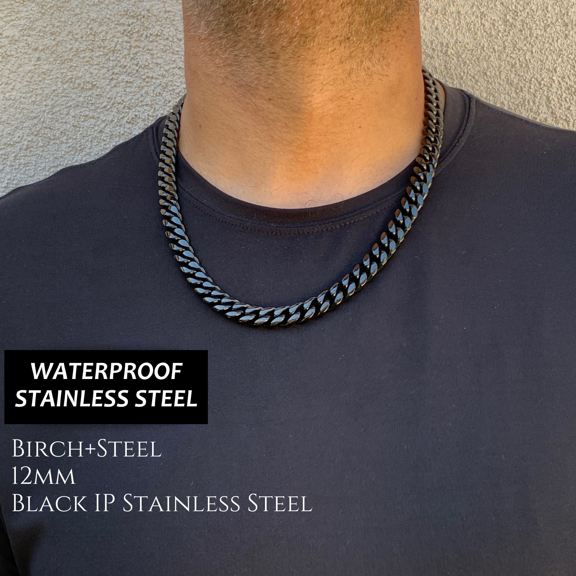 thumbnail image 2 of 316L Stainless Steel Mens Curb Chain Cuban Link Necklace – Chunky Solid, Lobster Claw Closure 2 of 4