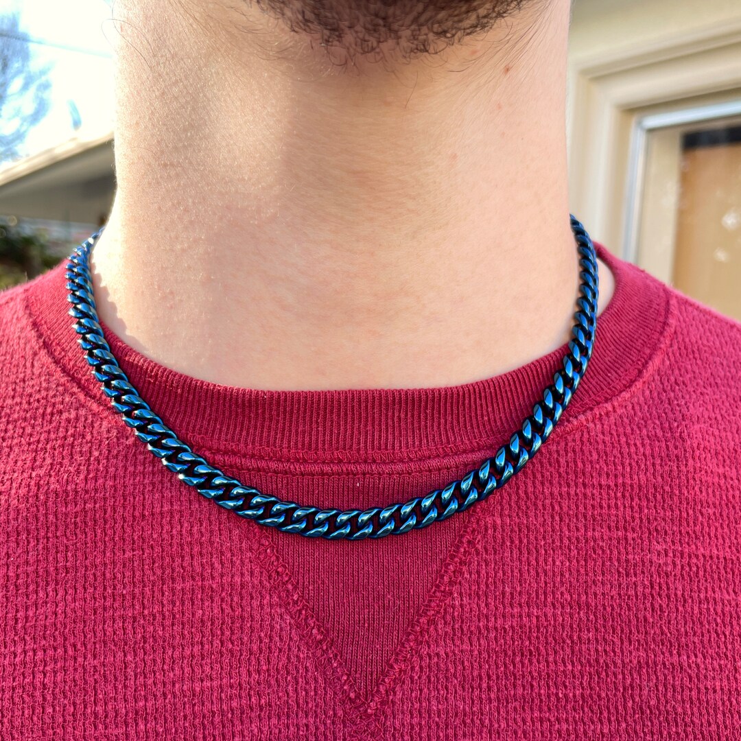 8mm Blue Stainless Steel Chain Necklace, Blue Stainless Nontarnish
