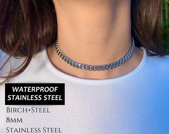 Shiny Stainless Steel Cuban Link Choker: 8mm Women's Silver Curb Chain Waterproof Necklace