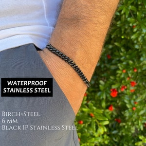 Black Stainless Steel Cuban Link Bracelet - Waterproof 6mm Chain