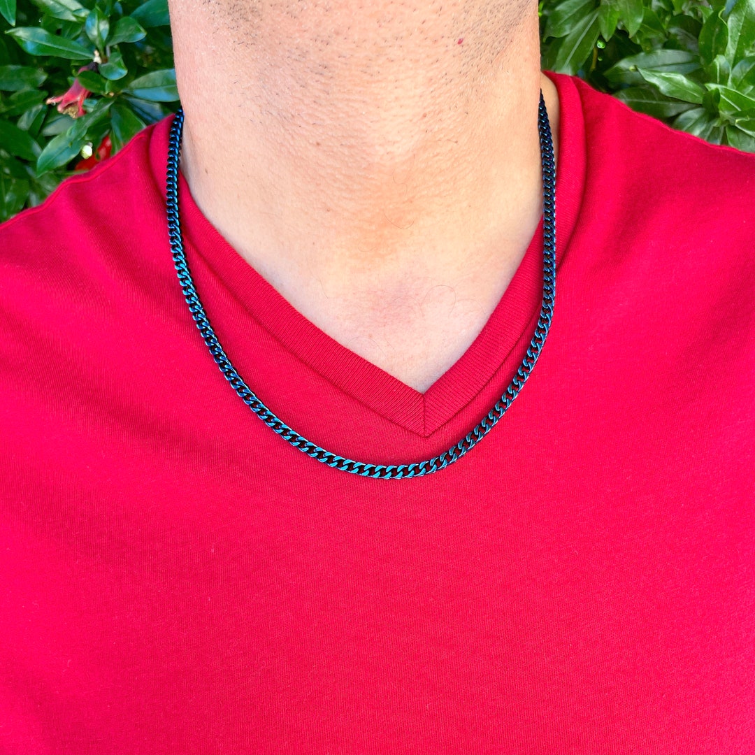 Blue Chain Necklace, Blue Stainless Steel Franco Chain, Thick Stainless