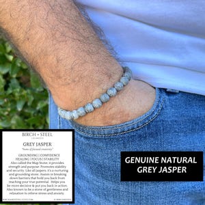 Stressabbau Armband Geschenk, Fokus Frieden des Geistes Armband Healing Grey Jaspis, Karte Stein Armband für Fokus Stabilität Vertrauen & Ruhe
