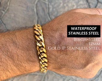 Thick Gold Cuban Chain Bracelet, 12mm Gold Chain Link Bracelet, Cuban Stainless Steel Gold Chain Bracelet, Gold Chain Link Bracelet Gift