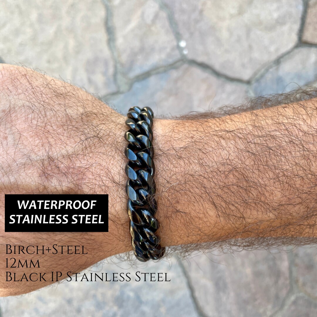 14mm Black Stainless Chain Bracelet, Thick Black Chain Link