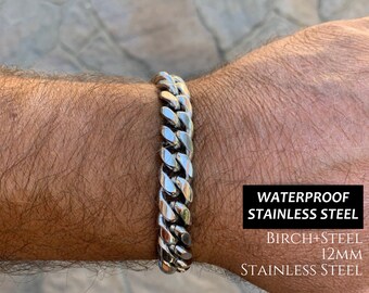 12mm Silver Cuban Link Chain Bracelet: High Polished Stainless Steel Unisex Bracelet