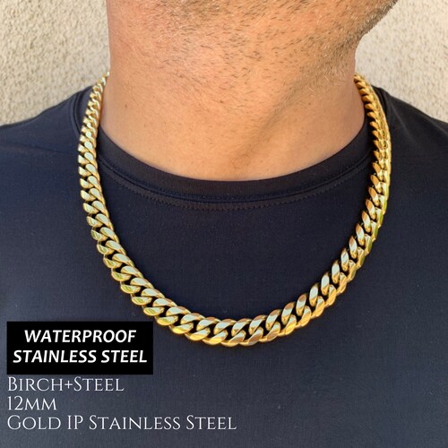 12mm Gold Cuban Link Necklace: Men's Stainless Steel Miami Curb Chain, Waterproof Tarnish Free