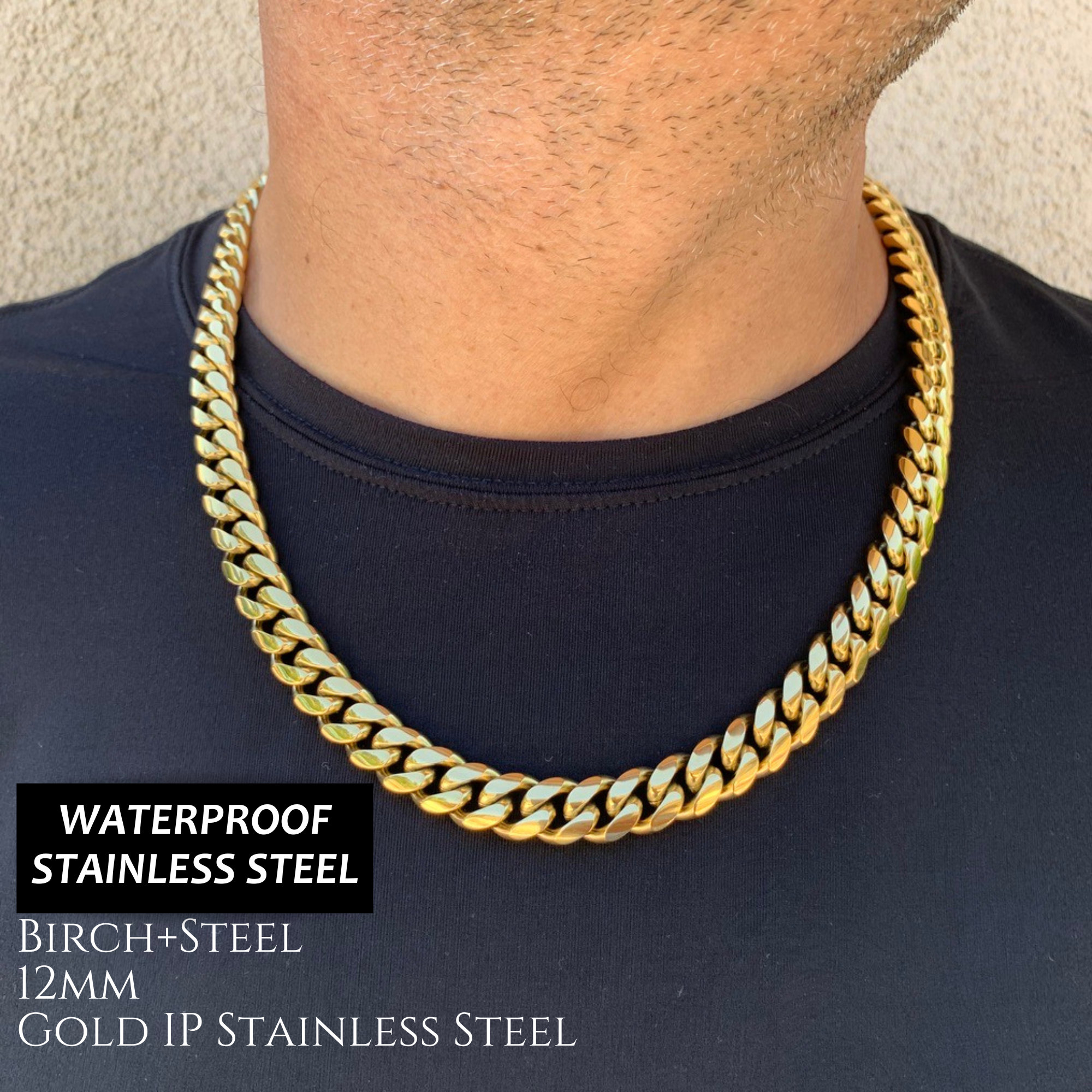 12mm Cuban Link Chain, Thick Cuban Stainless Steel Gold 12mm Cuban Link Chain, Thick Cuban Stainless Steel Gold