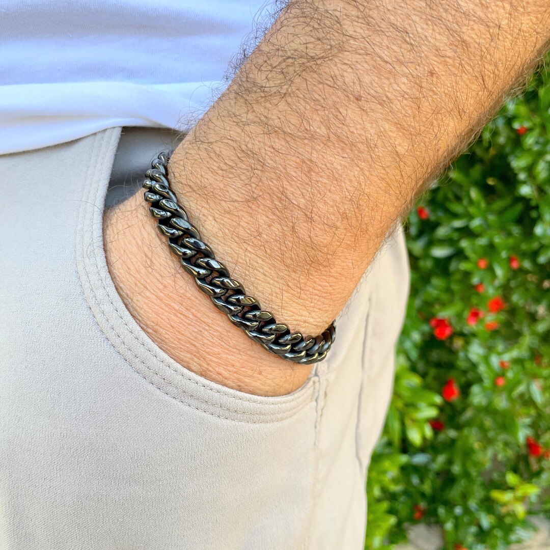 10mm Miami Cuban Link Chain Bracelet, Black Stainless 10mm Bracelet